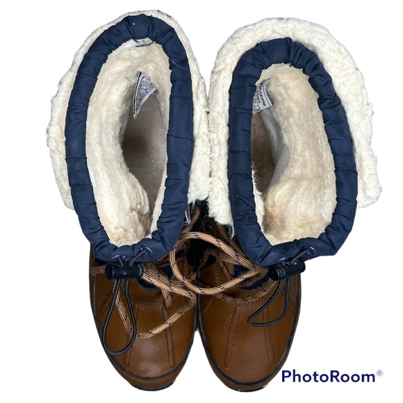 BearPaw Bethany Size 10 Navy Blue & Leather Brown Winter Ducks Boots Sherpa - Picture 2 of 7